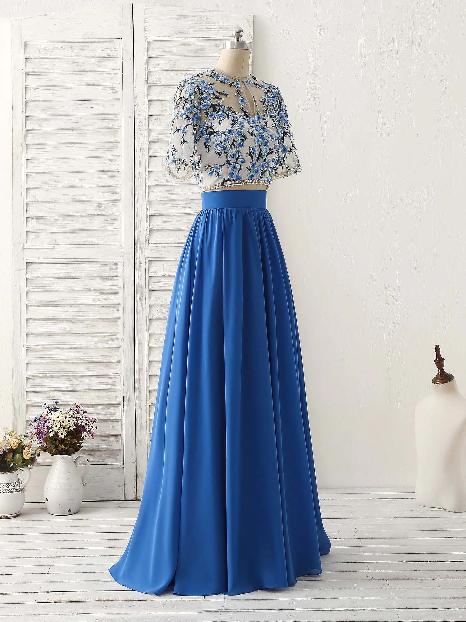 Unique Blue Two Pieces Long Prom Dress Applique Formal Dress