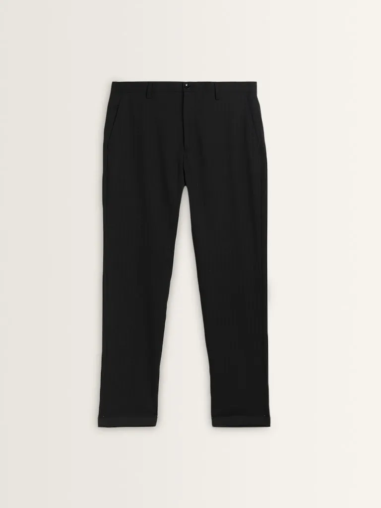 WES Formals Black Pinstriped Carrot-Fit Mid-Rise Trousers