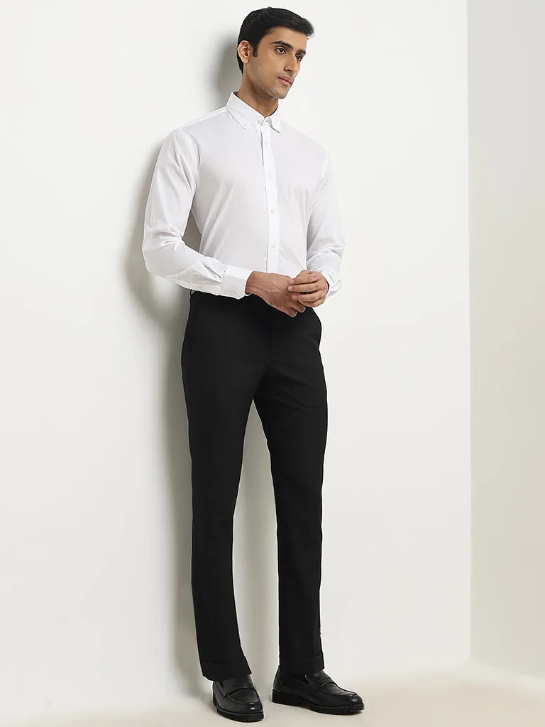 WES Formals Black Pinstriped Carrot-Fit Mid-Rise Trousers