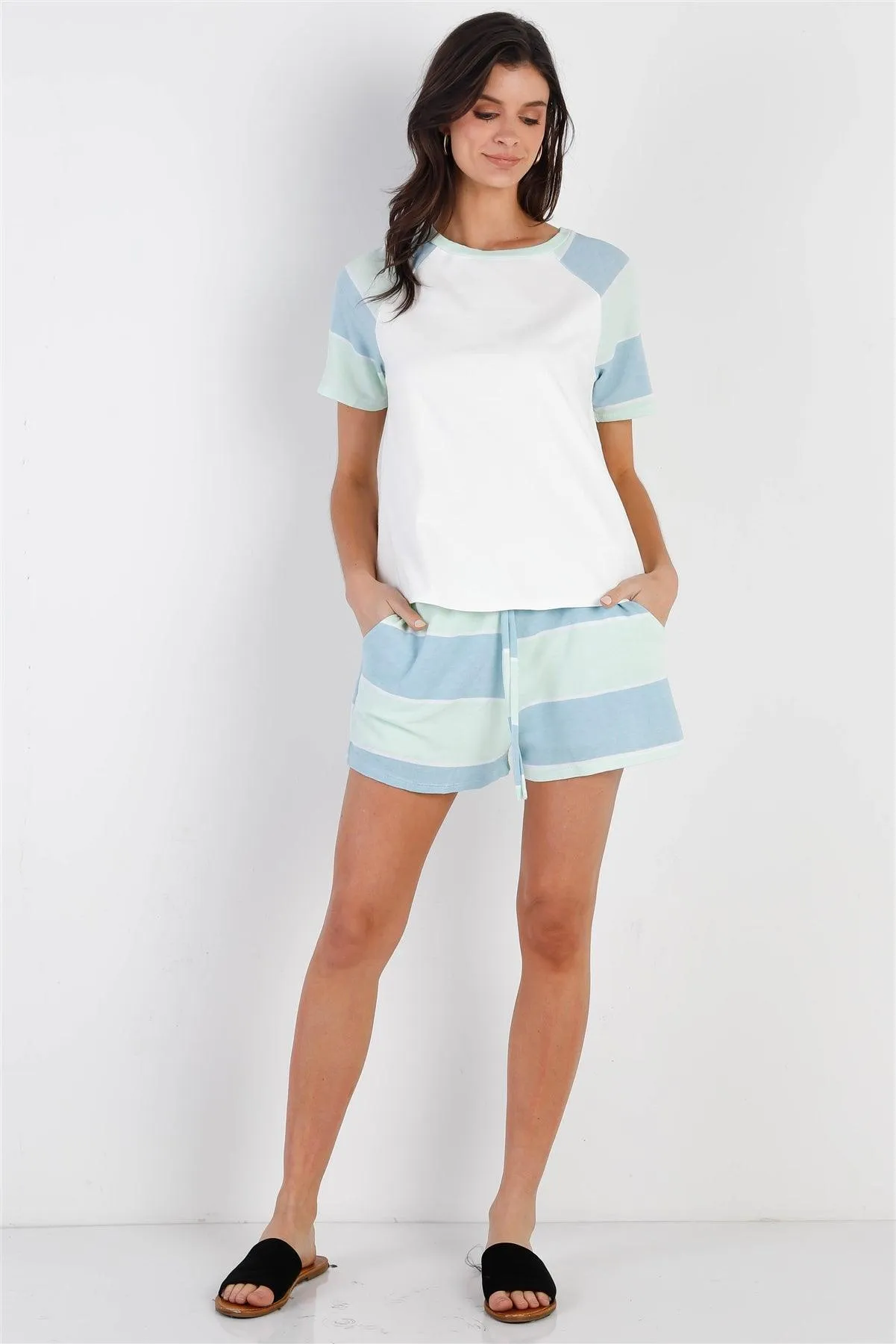 White & Mint Blue Stripe T-Shirt Top & Short Set /2-1-2