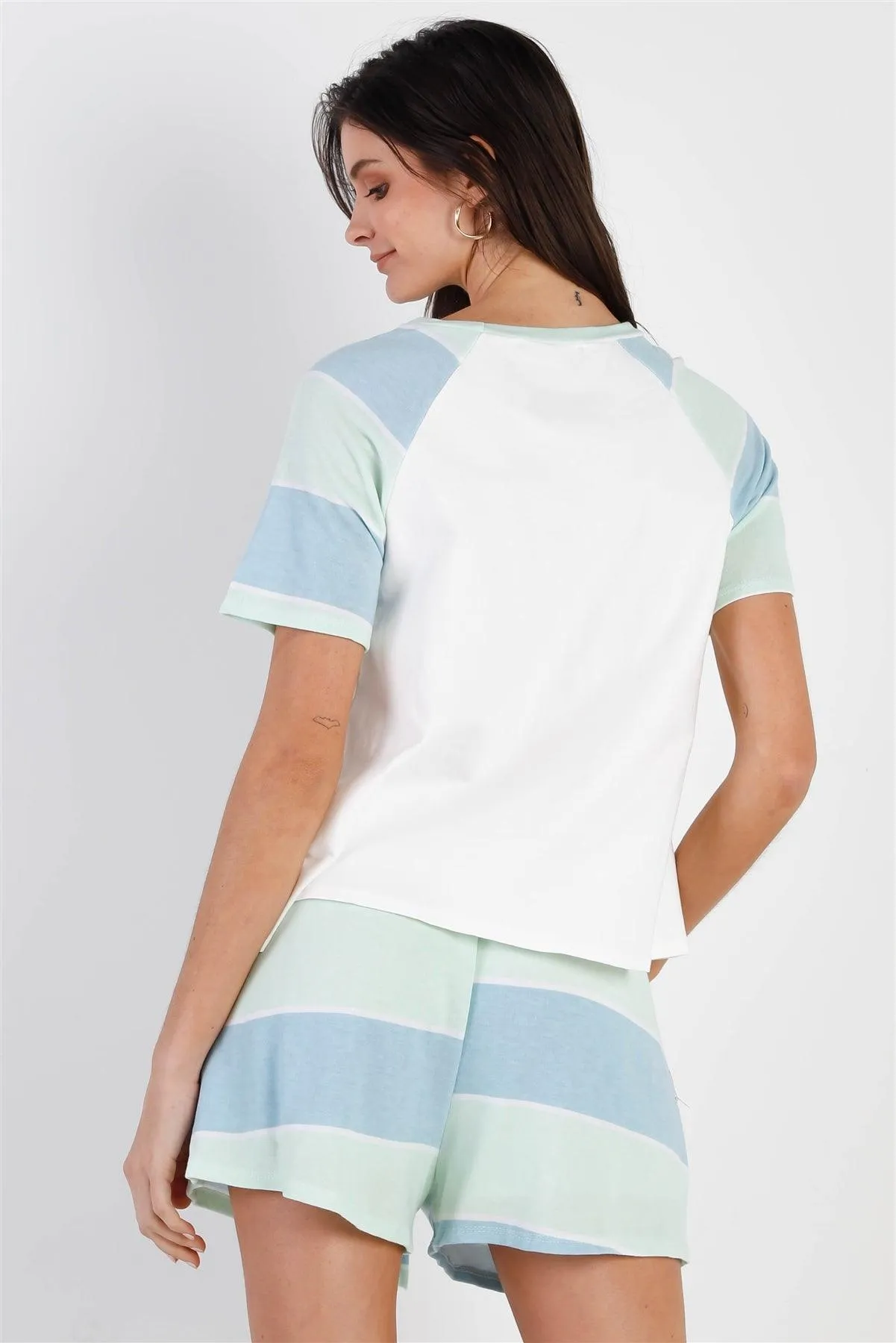 White & Mint Blue Stripe T-Shirt Top & Short Set /2-1-2