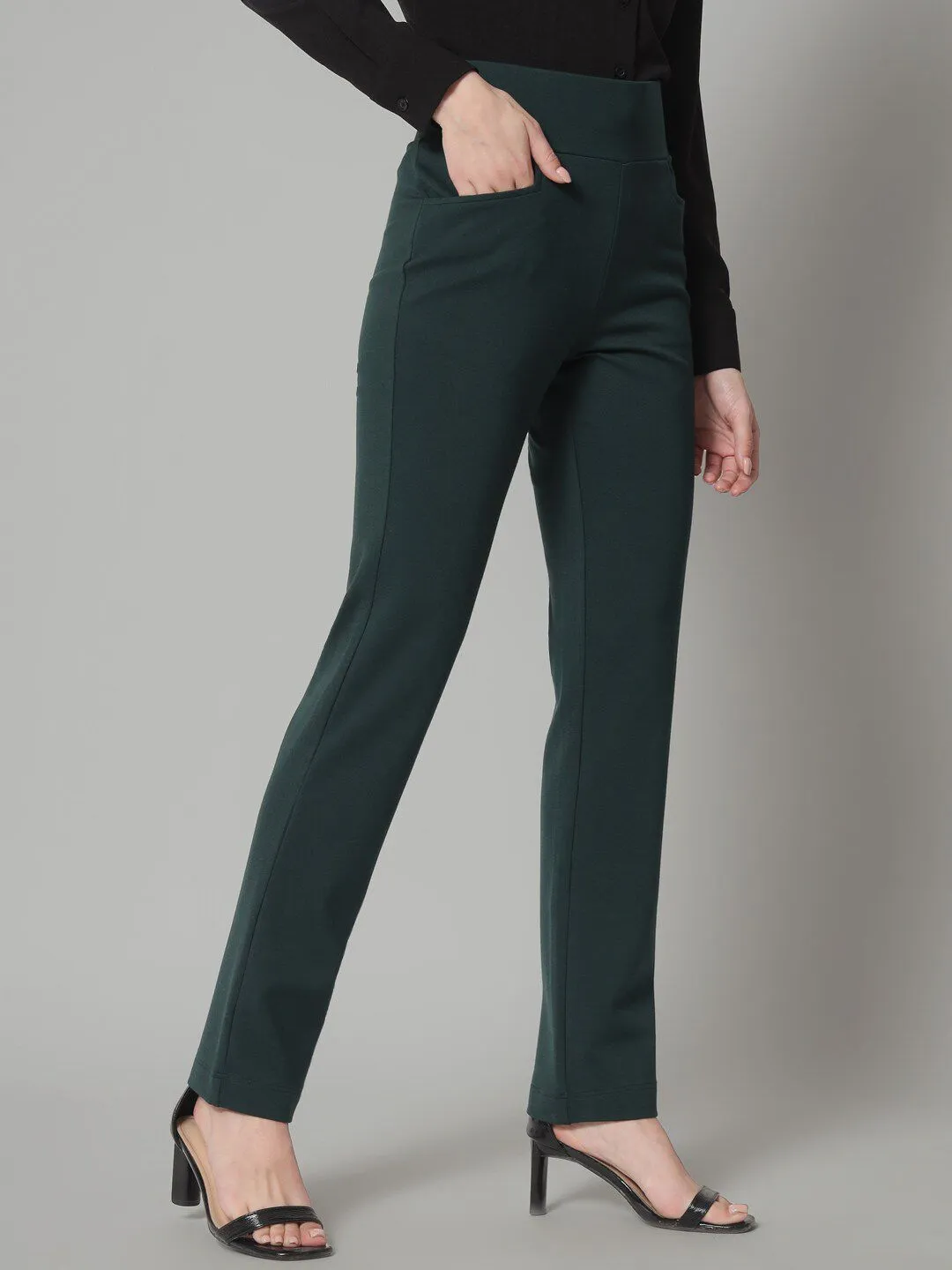 Wide Belt Mid Waist Stretch Pants- Bottle Green