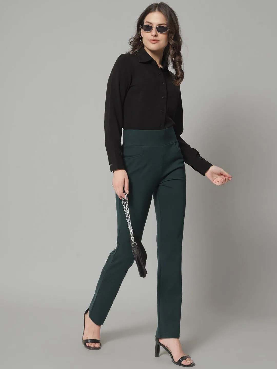 Wide Belt Mid Waist Stretch Pants- Bottle Green