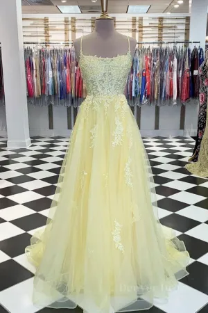 Yellow tulle lace long prom dress yellow lace formal dress